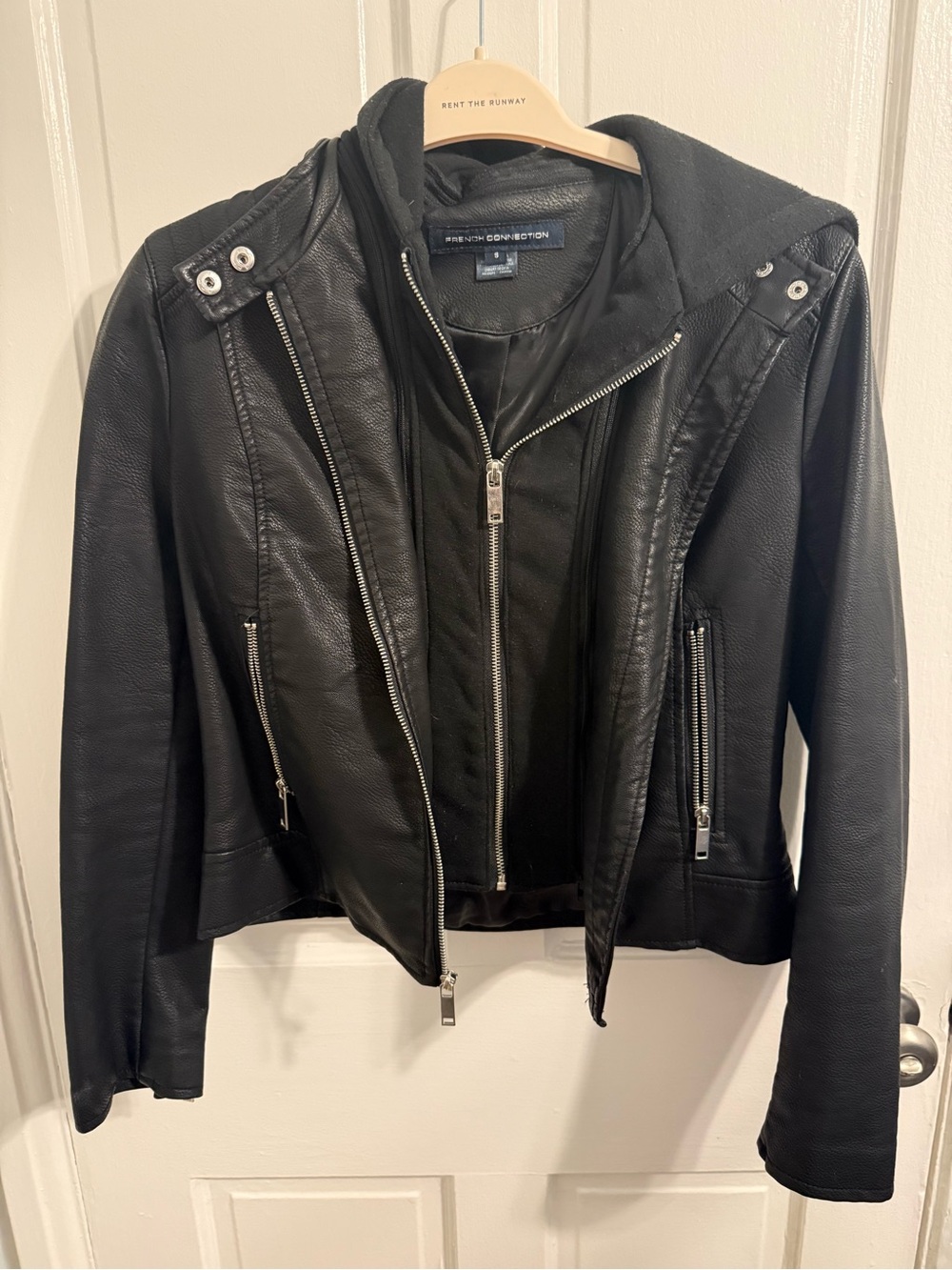 French Connection Black Faux Leather Hooded Moto Style Jacket